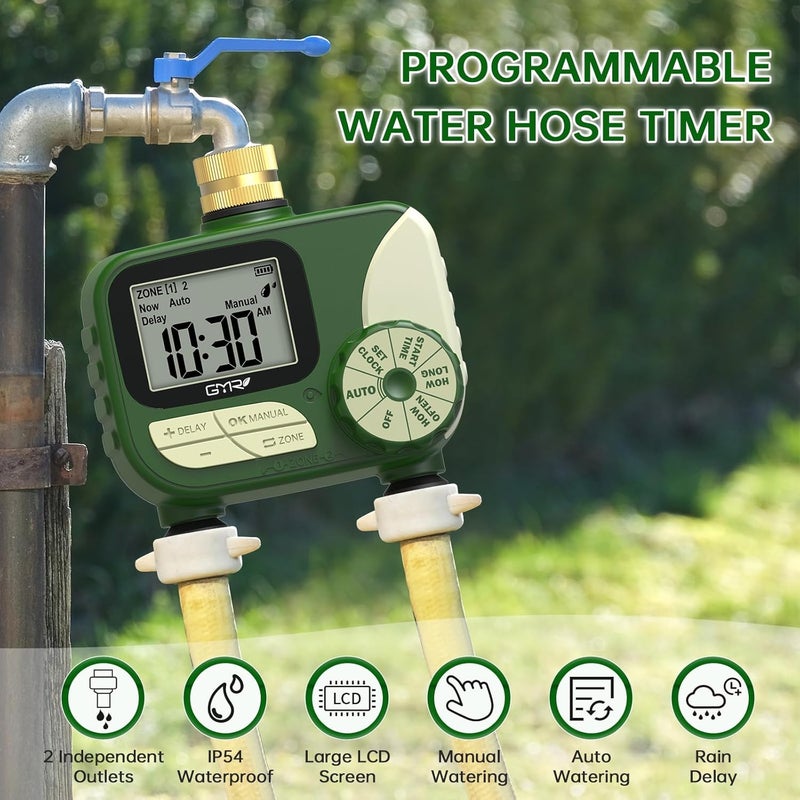 Gmr Hose Timers for Watering, Sprinkler Timer Outdoor with Brass Inlet, Water Timer for Garden Hose with Rain Delay/Manual/Auto Irrigation System, Programmable Garden Hose Timer for Yard, 2 Outlet - Image 2